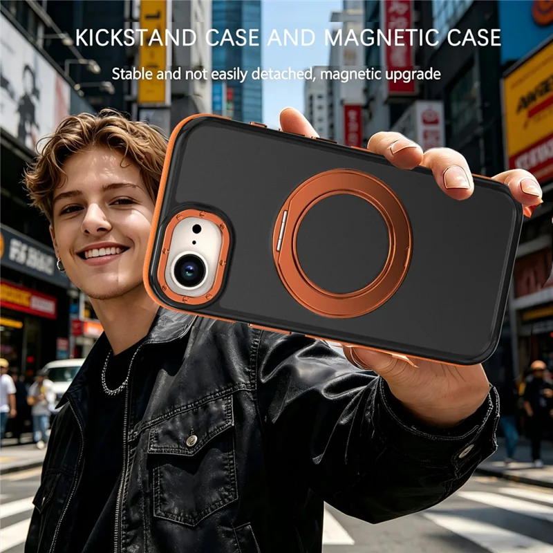 For iPhone 16e / 17e Magnetic Case Double Color Rotating Ring Kickstand PC + TPU Phone Cover - Orange - 10