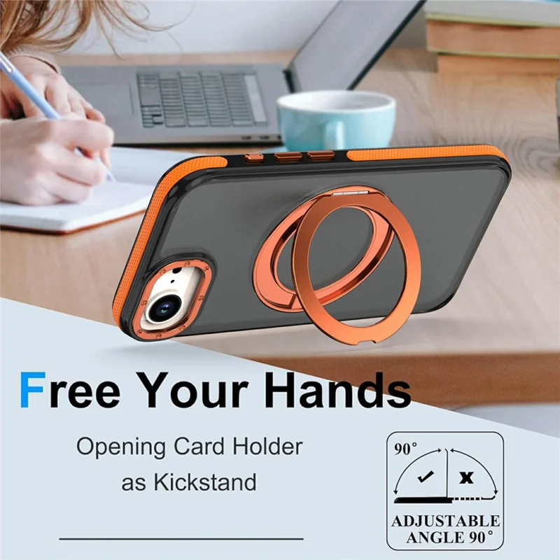 For iPhone 16e / 17e Magnetic Case Double Color Rotating Ring Kickstand PC + TPU Phone Cover - Orange - 3