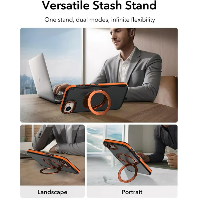 For iPhone 16e / 17e Magnetic Case Double Color Rotating Ring Kickstand PC + TPU Phone Cover - Orange - 4