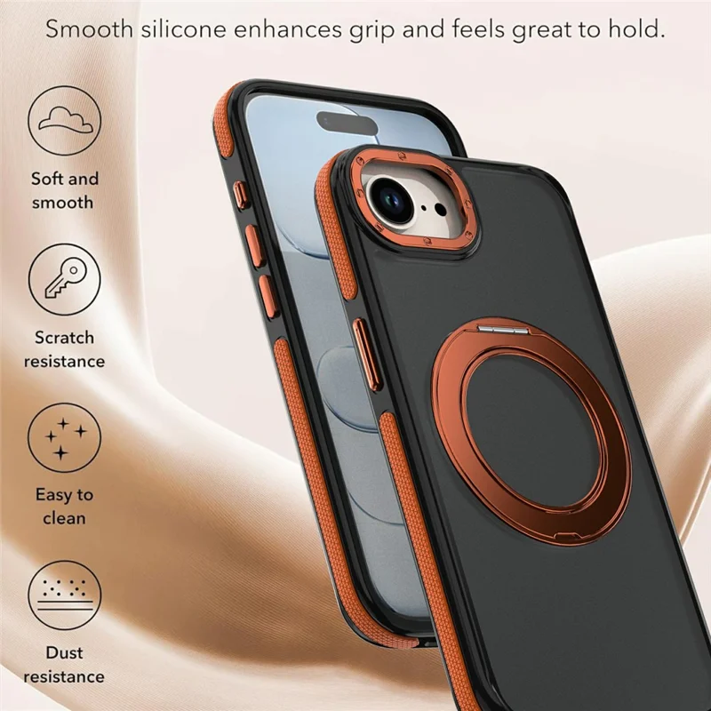 For iPhone 16e / 17e Magnetic Case Double Color Rotating Ring Kickstand PC + TPU Phone Cover - Orange - 5