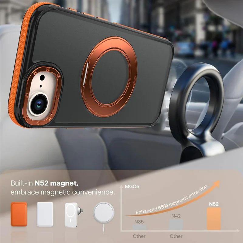 For iPhone 16e / 17e Magnetic Case Double Color Rotating Ring Kickstand PC + TPU Phone Cover - Orange - 6