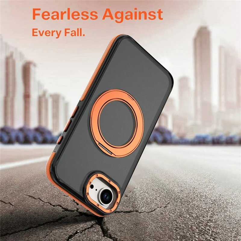 For iPhone 16e / 17e Magnetic Case Double Color Rotating Ring Kickstand PC + TPU Phone Cover - Orange - 7