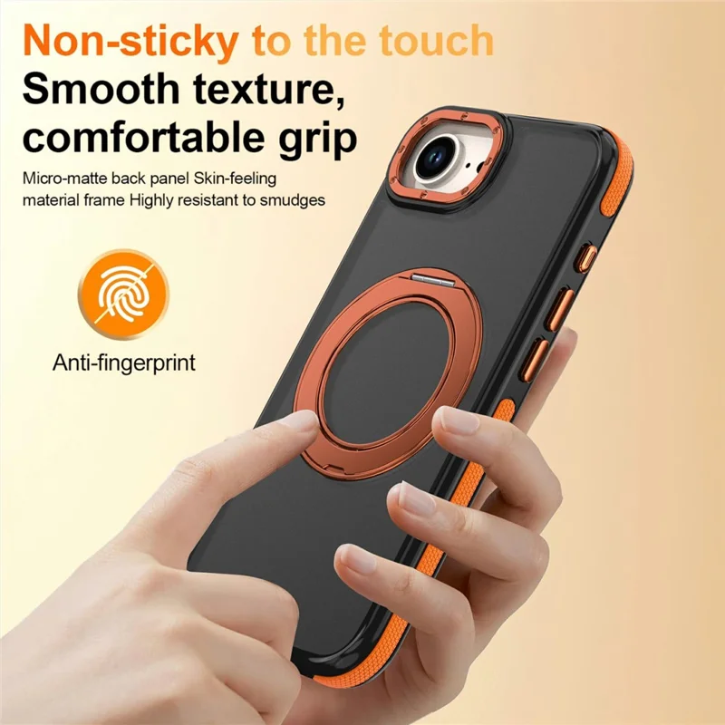 For iPhone 16e / 17e Magnetic Case Double Color Rotating Ring Kickstand PC + TPU Phone Cover - Orange - 8