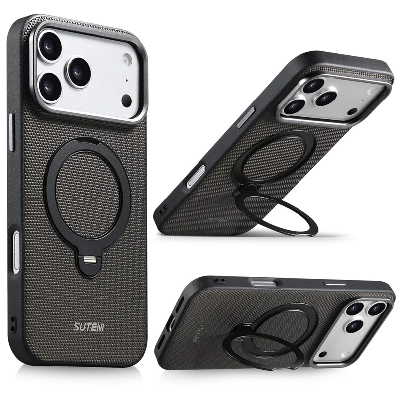 SUTENI G7 for iPhone 17 Pro Max Magnetic Case Rotating Kickstand Triangle Texture Leather + TPU Phone Cover - Grey - 1