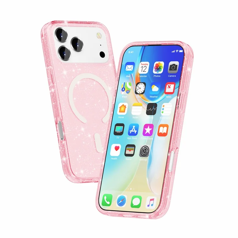 For iPhone 18 Pro Max Magnetic Case Glitter Powder PC + TPU Phone Cover - Pink - 3