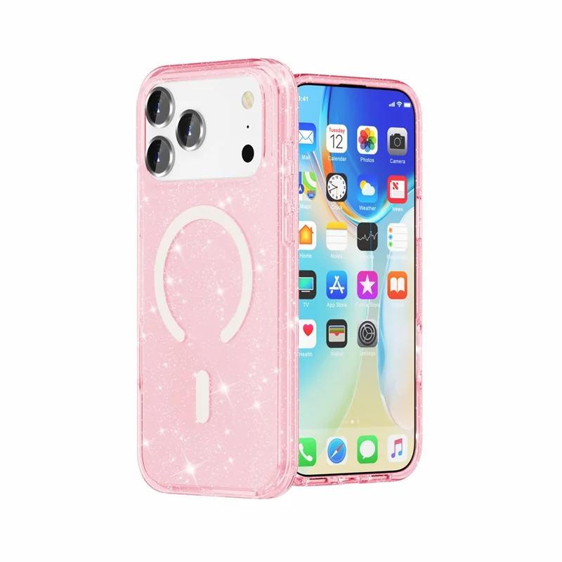 For iPhone 18 Pro Max Magnetic Case Glitter Powder PC + TPU Phone Cover - Pink - 4