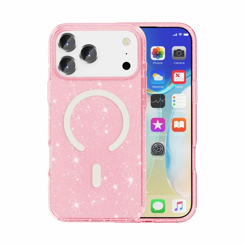 For iPhone 18 Pro Max Magnetic Case Glitter Powder PC + TPU Phone Cover - Pink - 5