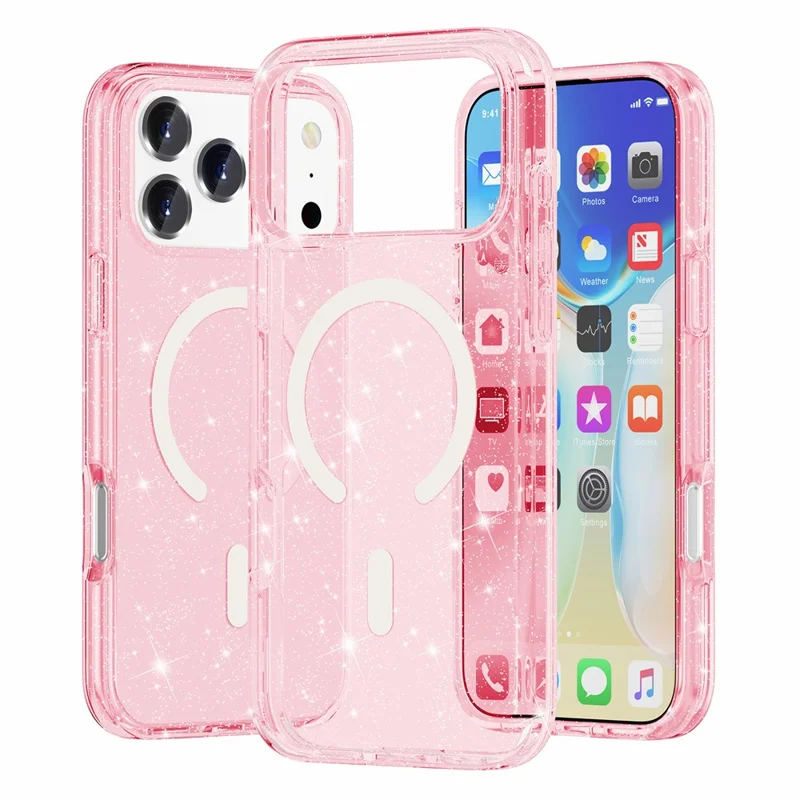 For iPhone 18 Pro Magnetic Case Glitter Powder PC + TPU Phone Cover - Pink - 1