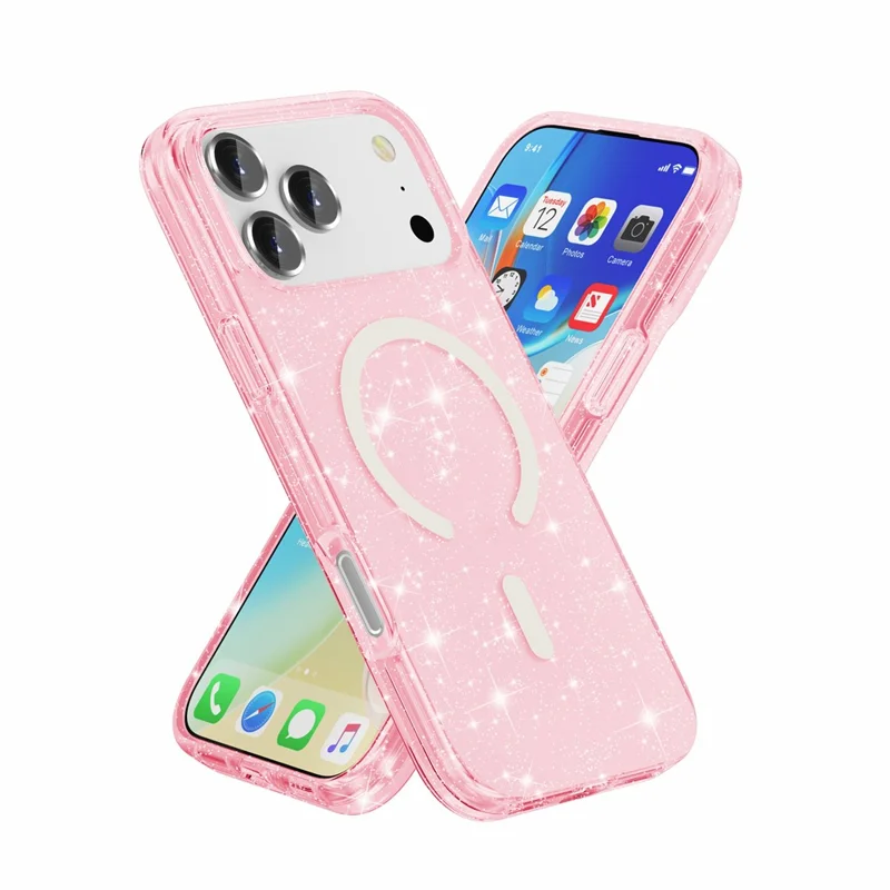 For iPhone 18 Pro Magnetic Case Glitter Powder PC + TPU Phone Cover - Pink - 2