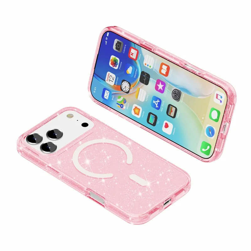 For iPhone 18 Pro Magnetic Case Glitter Powder PC + TPU Phone Cover - Pink - 7