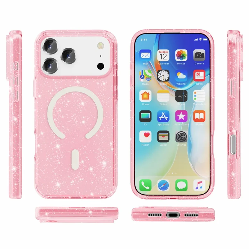 For iPhone 18 Pro Magnetic Case Glitter Powder PC + TPU Phone Cover - Pink - 9