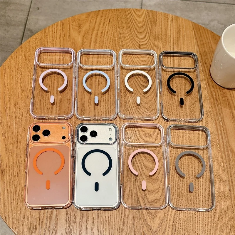 For iPhone 16 Pro Magnetic Case Clear PC TPU TPE Shockproof Cover Compatible with MagSafe - Orange - 6