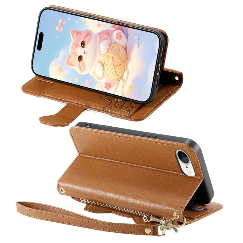 For iPhone 16e / iPhone 17e Case Cute Cat Pattern PU Leather Wallet Phone Cover with Wrist Strap - Brown - 3