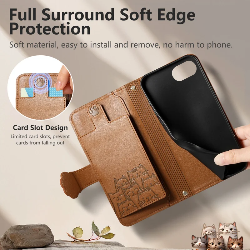 For iPhone 16e / iPhone 17e Case Cute Cat Pattern PU Leather Wallet Phone Cover with Wrist Strap - Brown - 4