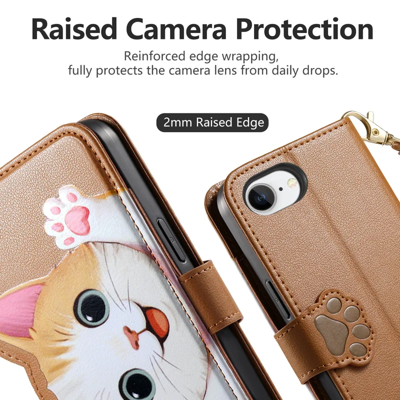 For iPhone 16e / iPhone 17e Case Cute Cat Pattern PU Leather Wallet Phone Cover with Wrist Strap - Brown - 5
