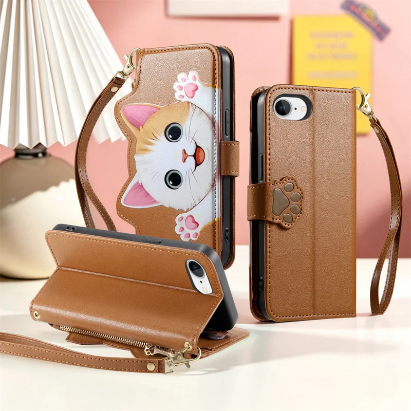 For iPhone 16e / iPhone 17e Case Cute Cat Pattern PU Leather Wallet Phone Cover with Wrist Strap - Brown - 6