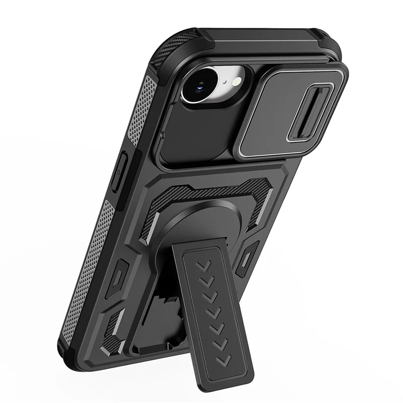 For iPhone 17e / 16e Case Slide Lens Shield PC + TPU Kickstand Phone Cover - Black - 10