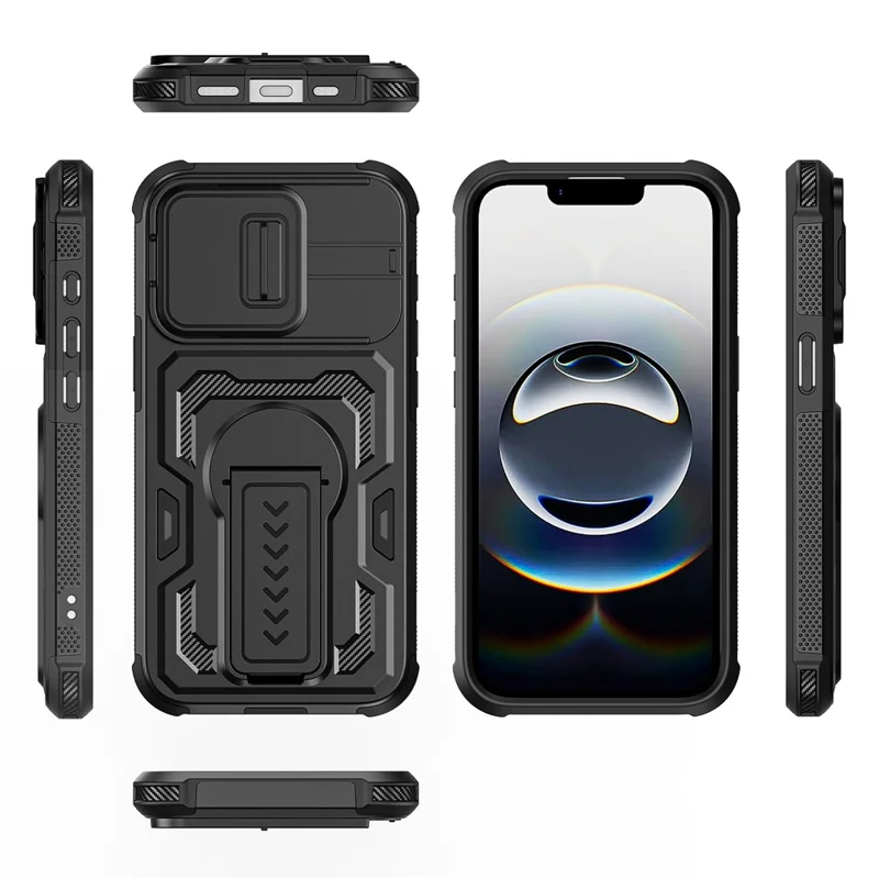 For iPhone 17e / 16e Case Slide Lens Shield PC + TPU Kickstand Phone Cover - Black - 11
