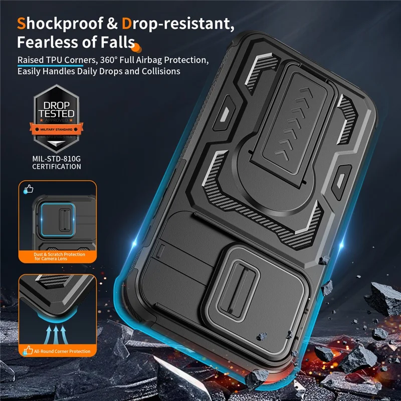 For iPhone 17e / 16e Case Slide Lens Shield PC + TPU Kickstand Phone Cover - Black - 2
