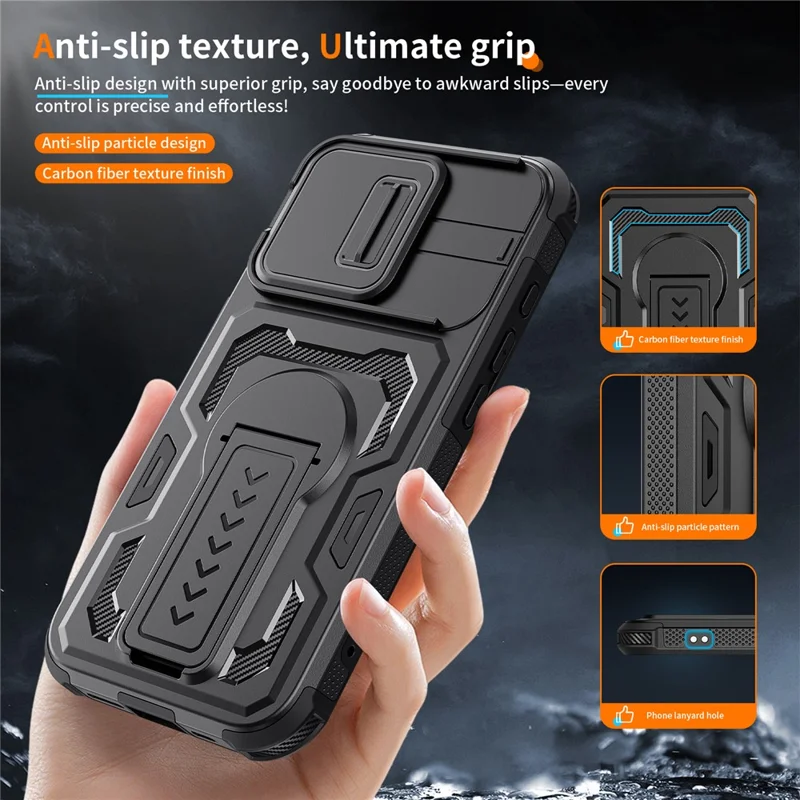 For iPhone 17e / 16e Case Slide Lens Shield PC + TPU Kickstand Phone Cover - Black - 3