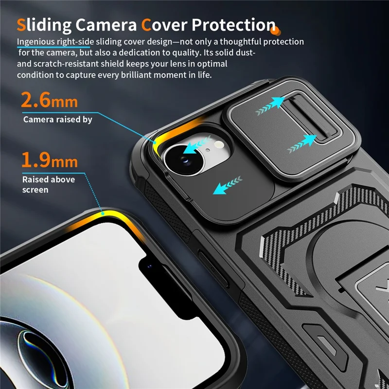 For iPhone 17e / 16e Case Slide Lens Shield PC + TPU Kickstand Phone Cover - Black - 4
