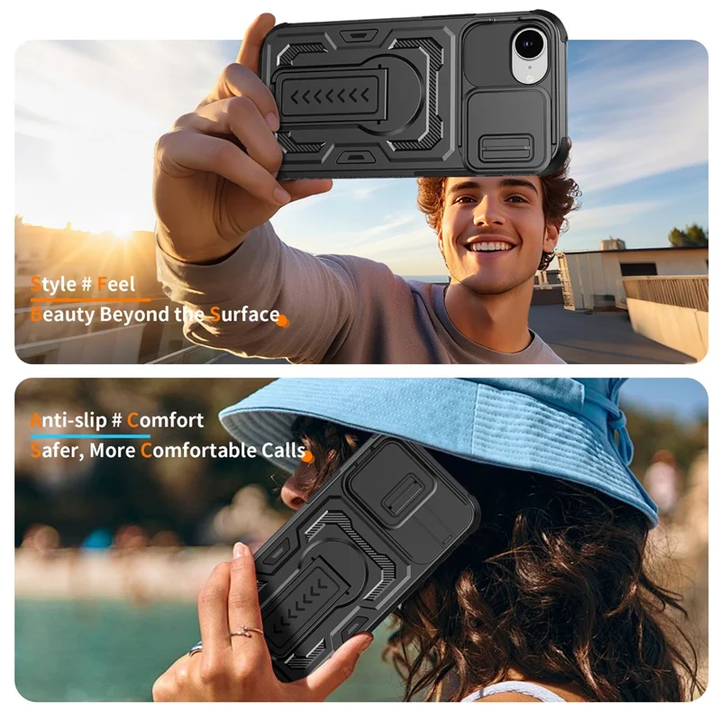 For iPhone 17e / 16e Case Slide Lens Shield PC + TPU Kickstand Phone Cover - Black - 6