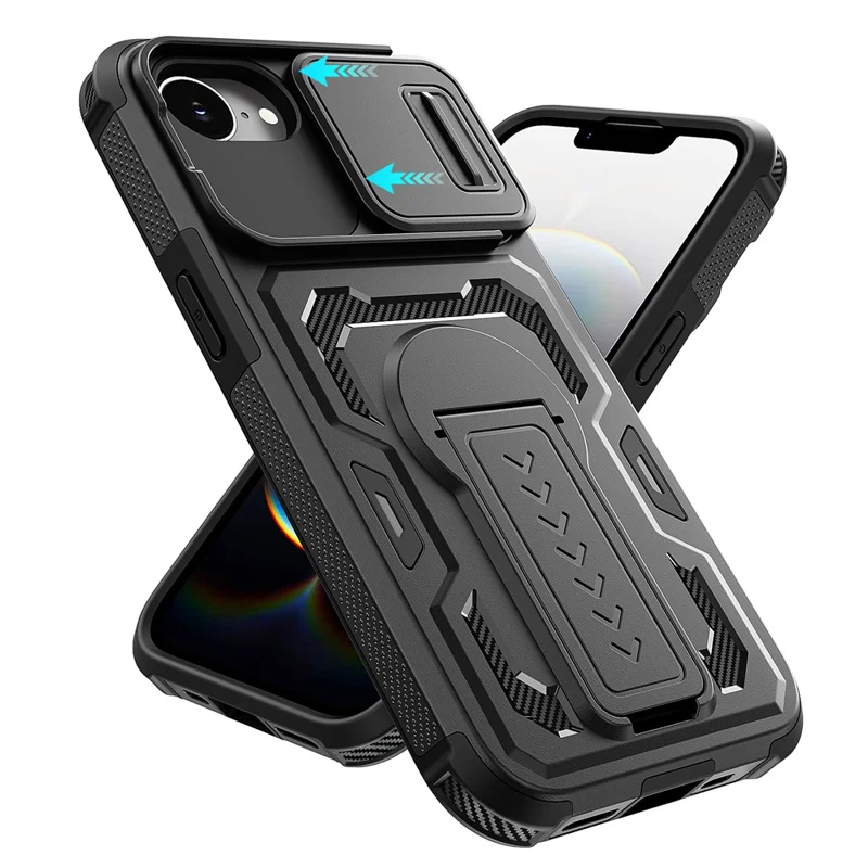 For iPhone 17e / 16e Case Slide Lens Shield PC + TPU Kickstand Phone Cover - Black - 8
