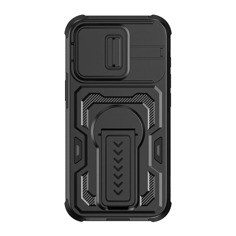 For iPhone 17e / 16e Case Slide Lens Shield PC + TPU Kickstand Phone Cover - Black - 9