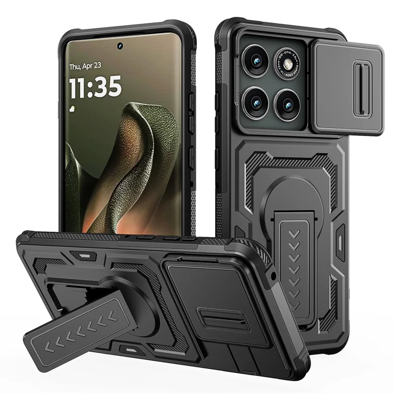 For Motorola Edge 60 Pro 5G Case Slide Lens Shield PC + TPU Kickstand Phone Cover - Black - 1