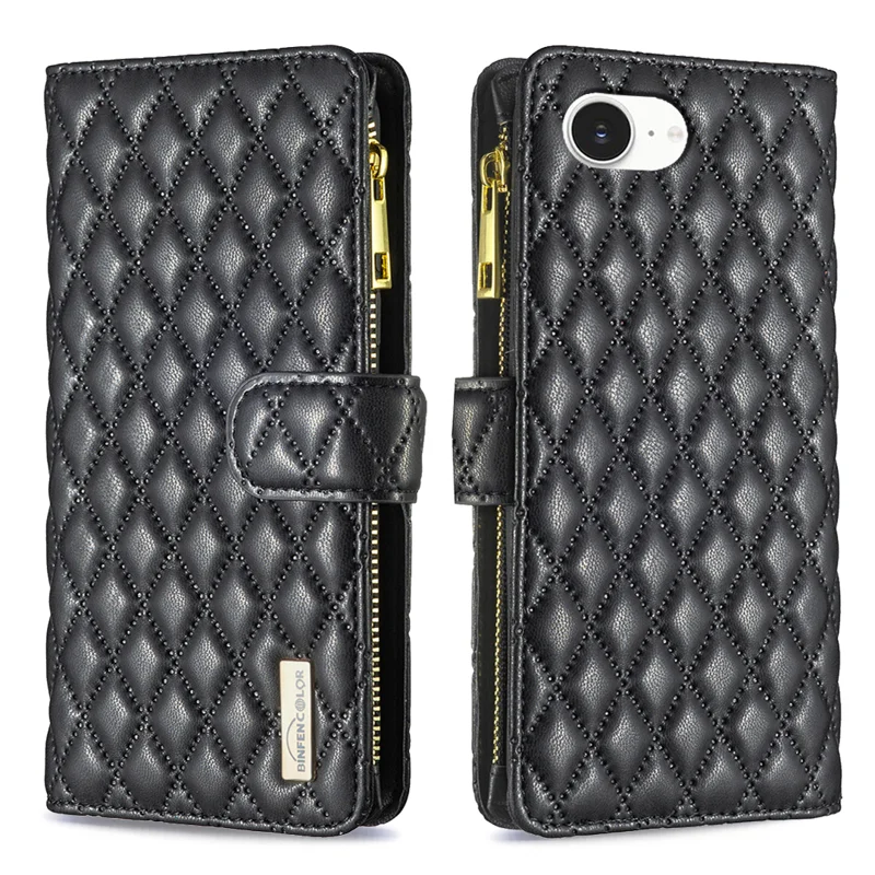 BINFEN COLOR for iPhone 16e / iPhone 17e BF Style-15 Leather Case Zipper Pocket Rhombus Phone Cover - Black - 1