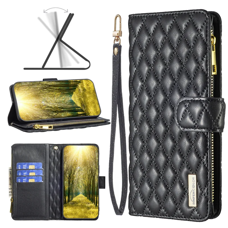 BINFEN COLOR for iPhone 16e / iPhone 17e BF Style-15 Leather Case Zipper Pocket Rhombus Phone Cover - Black - 4