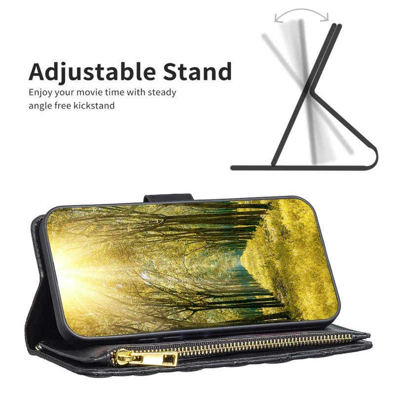 BINFEN COLOR for iPhone 16e / iPhone 17e BF Style-15 Leather Case Zipper Pocket Rhombus Phone Cover - Black - 5
