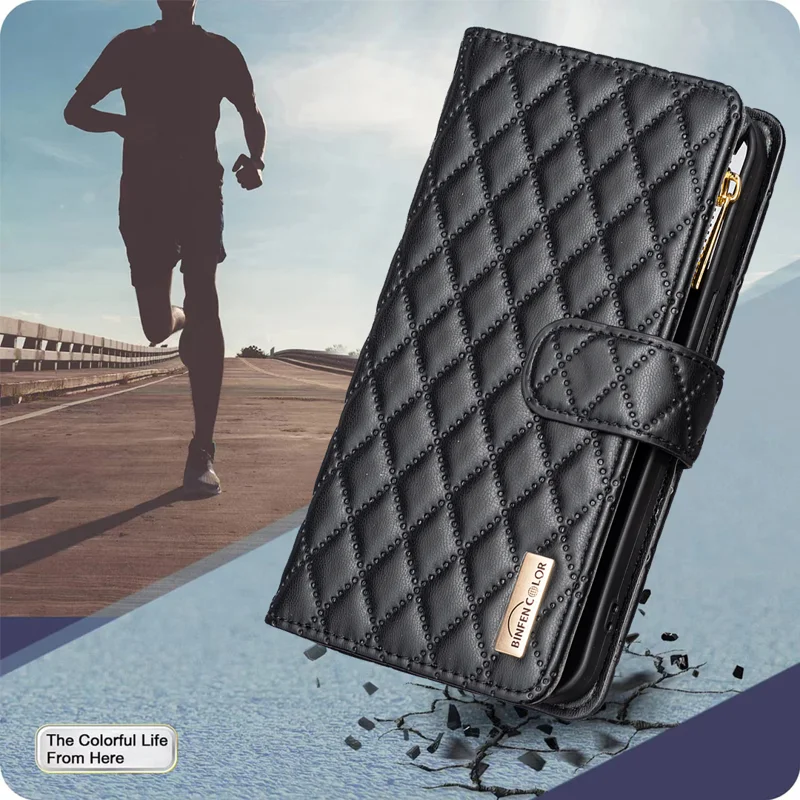 BINFEN COLOR for iPhone 16e / iPhone 17e BF Style-15 Leather Case Zipper Pocket Rhombus Phone Cover - Black - 7