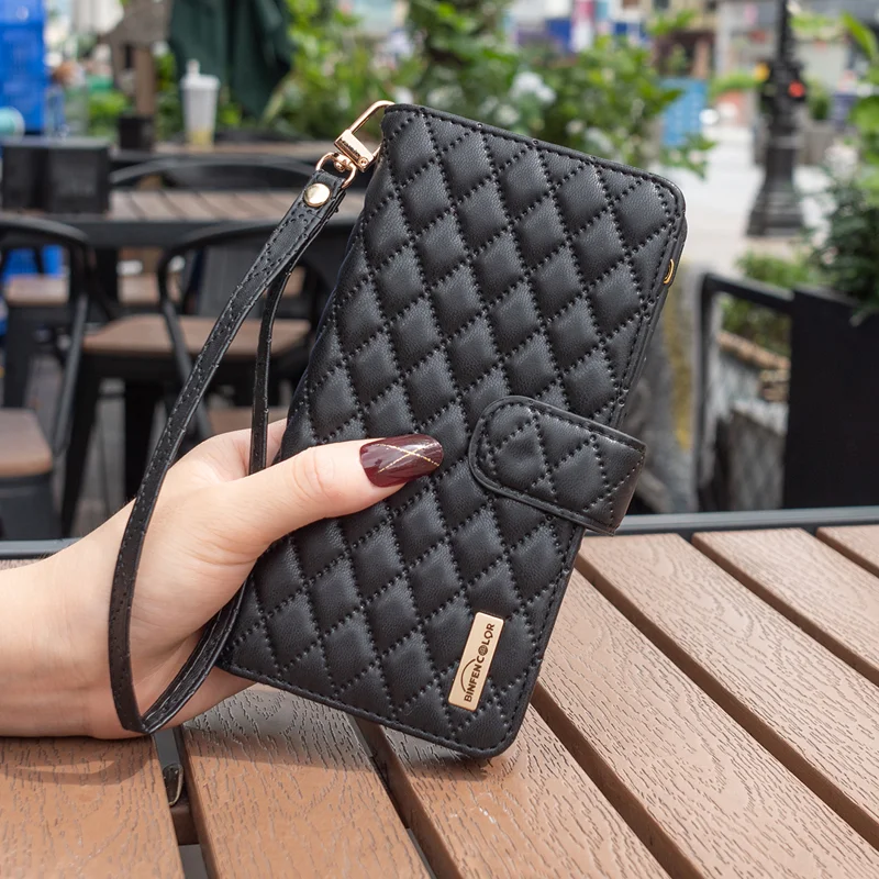 BINFEN COLOR for iPhone 16e / iPhone 17e BF Style-15 Leather Case Zipper Pocket Rhombus Phone Cover - Black - 8