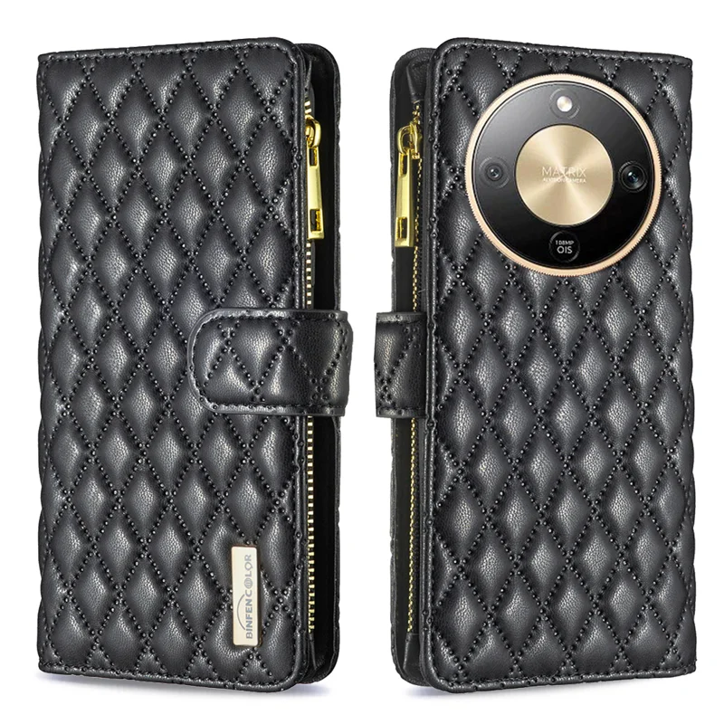 BINFEN COLOR for Honor X70 5G / Honor X9d 5G / Honor Magic8 Lite 5G BF Style-15 Leather Case Zipper Pocket Rhombus Phone Cover - Black - 1