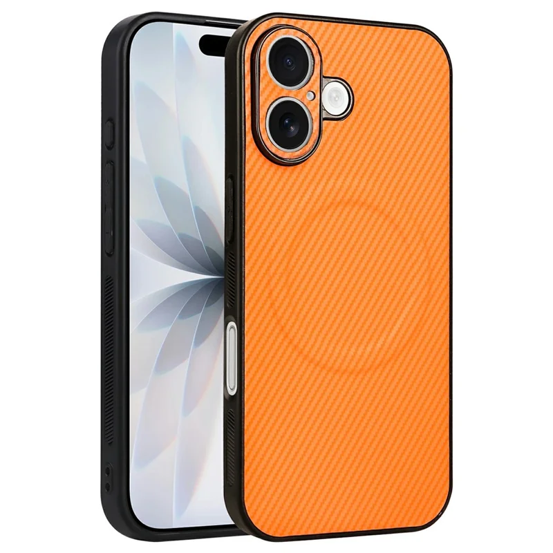 For iPhone 16 Plus Case Carbon Fiber Texture Leather Coated TPU PC Phone Cover with Metal Ring for Magnetic Car Mount - Orange - 1