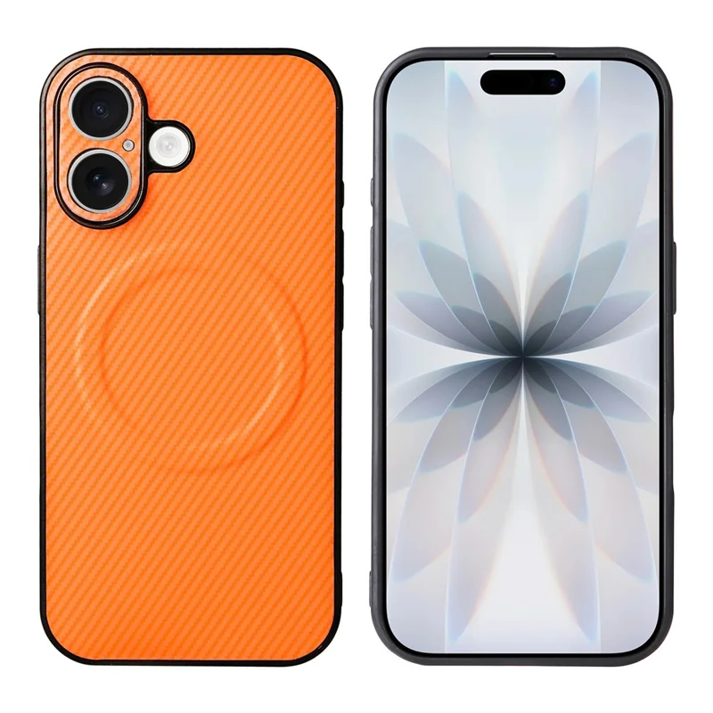 For iPhone 16 Plus Case Carbon Fiber Texture Leather Coated TPU PC Phone Cover with Metal Ring for Magnetic Car Mount - Orange - 2