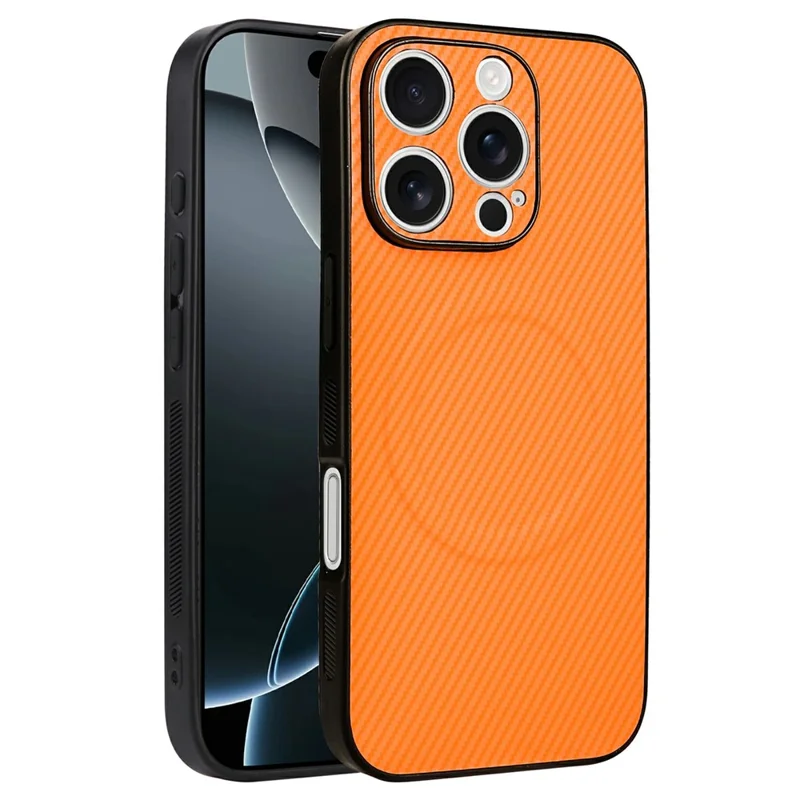 For iPhone 16 Pro Max Case Carbon Fiber Texture Leather Coated TPU PC Phone Cover with Metal Ring for Magnetic Car Mount - Orange - 1