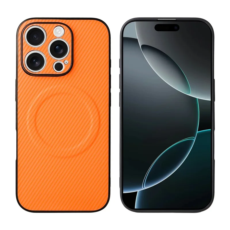 For iPhone 16 Pro Max Case Carbon Fiber Texture Leather Coated TPU PC Phone Cover with Metal Ring for Magnetic Car Mount - Orange - 2
