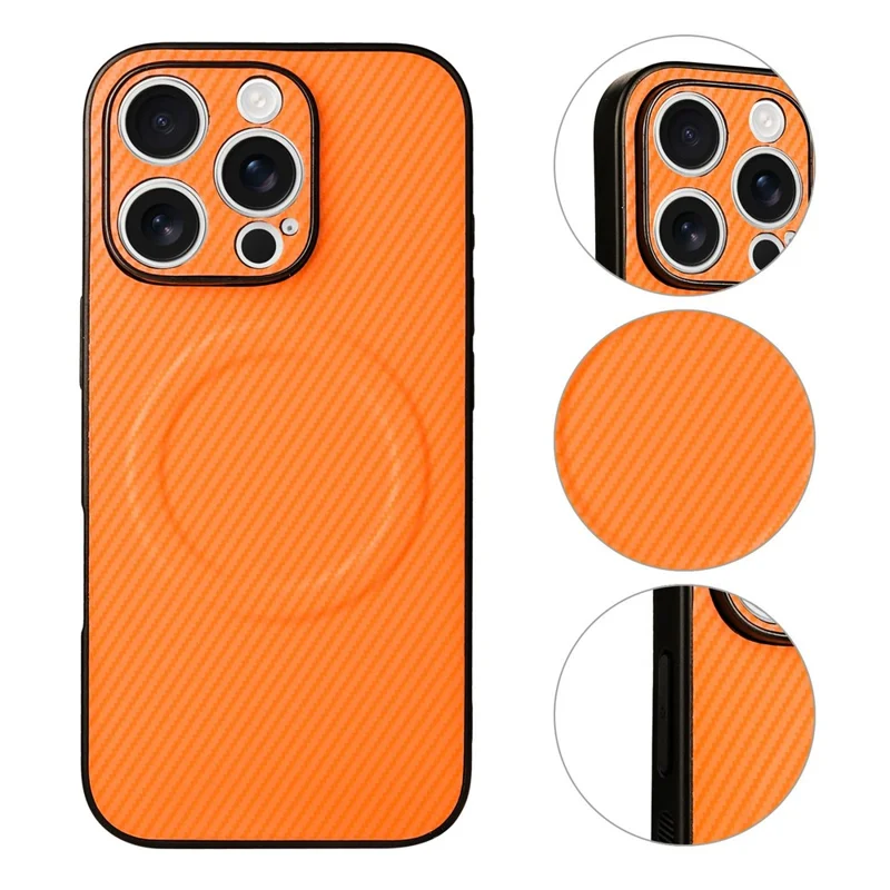 For iPhone 16 Pro Case Carbon Fiber Texture Leather Coated TPU PC Phone Cover with Metal Ring for Magnetic Car Mount - Orange - 3