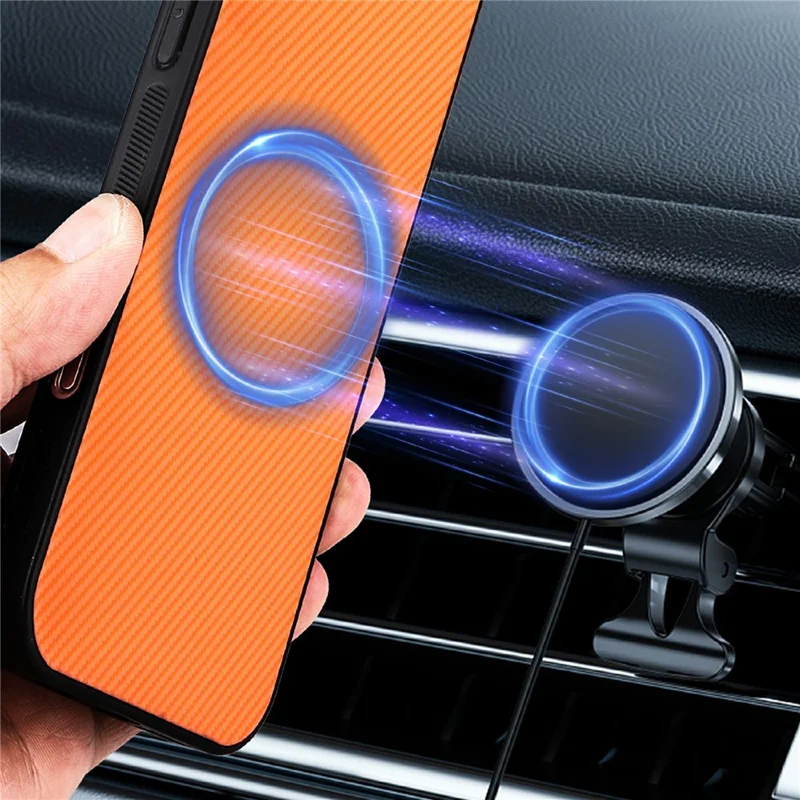For iPhone 16 Pro Case Carbon Fiber Texture Leather Coated TPU PC Phone Cover with Metal Ring for Magnetic Car Mount - Orange - 4
