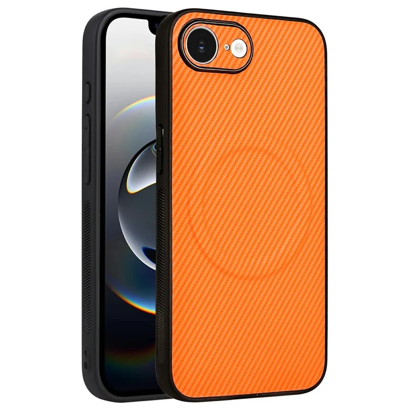 For iPhone 16e / 17e Case Carbon Fiber Texture Leather Coated TPU PC Phone Cover with Metal Ring for Magnetic Car Mount - Orange - 1