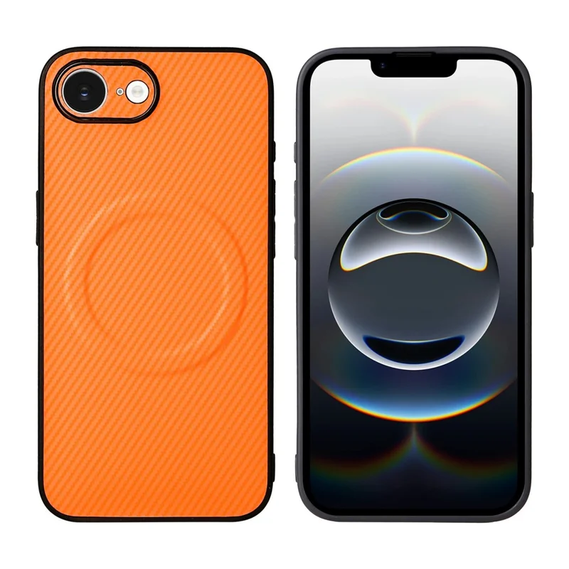 For iPhone 16e / 17e Case Carbon Fiber Texture Leather Coated TPU PC Phone Cover with Metal Ring for Magnetic Car Mount - Orange - 2
