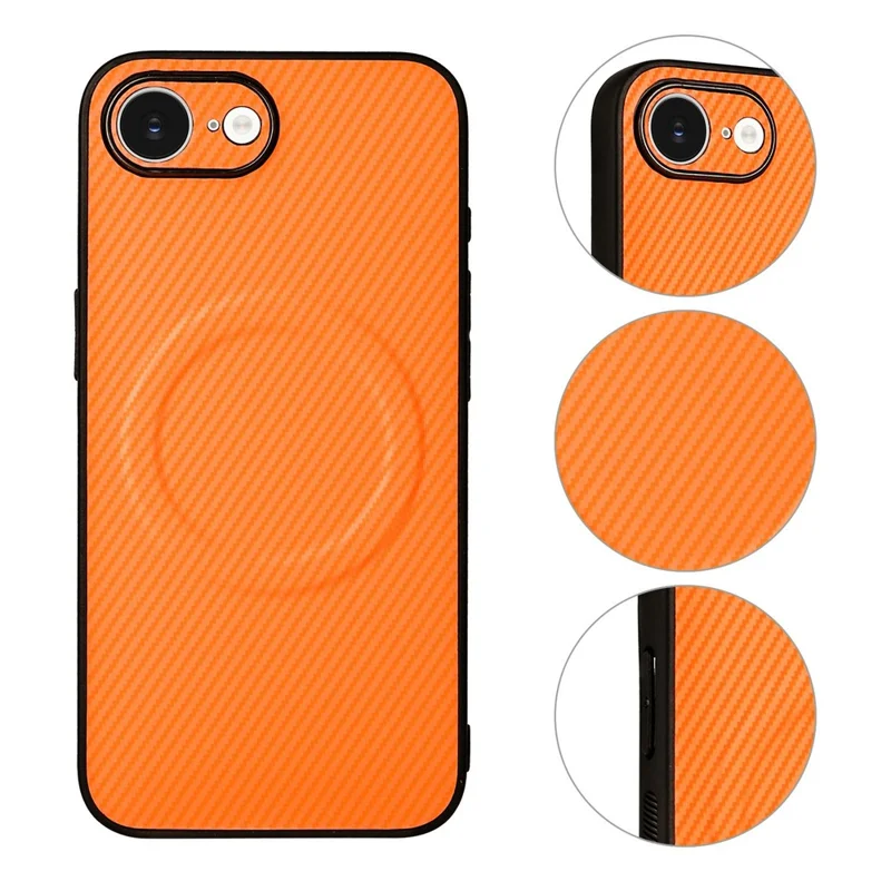 For iPhone 16e / 17e Case Carbon Fiber Texture Leather Coated TPU PC Phone Cover with Metal Ring for Magnetic Car Mount - Orange - 3