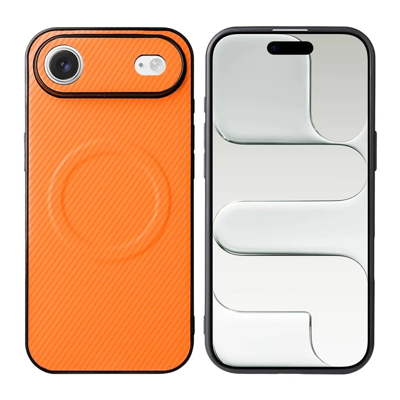 For iPhone Air Case Carbon Fiber Texture Leather Coated TPU PC Phone Cover with Metal Ring for Magnetic Car Mount - Orange - 1