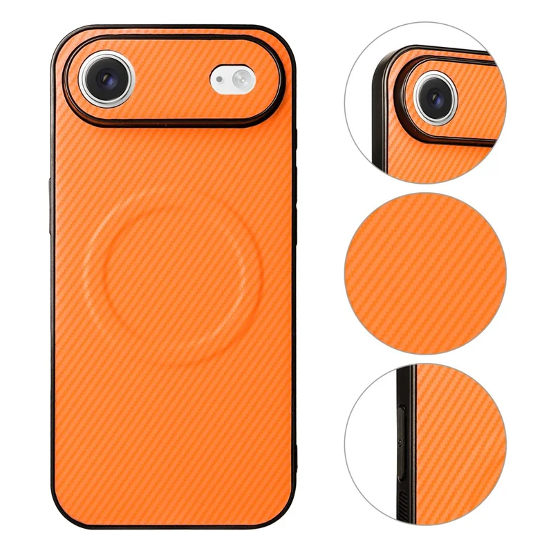 For iPhone Air Case Carbon Fiber Texture Leather Coated TPU PC Phone Cover with Metal Ring for Magnetic Car Mount - Orange - 3