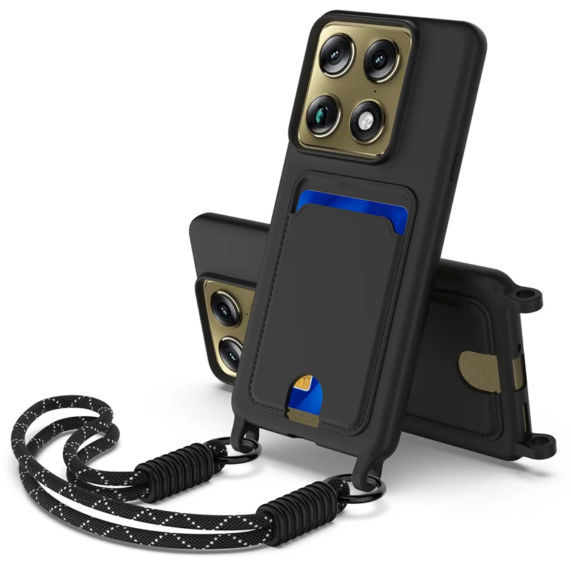 For Motorola Signature 5G / Motorola Moto X70 Air Pro 5G / Motorola Edge 70 Ultra 5G Liquid Silicone Case Phone Back Cover with Card Holder and Short Strap - Black - 1