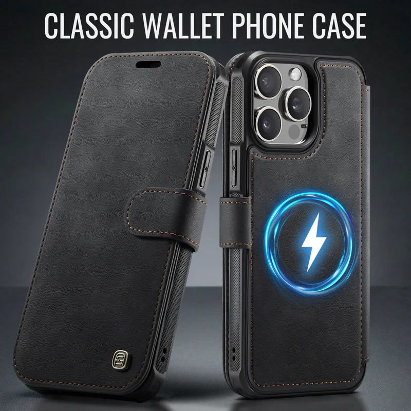 AUTSPACE for iPhone 15 Pro Max A15 Case RFID Blocking Wallet Leather Magnetic Phone Cover - Black - 12