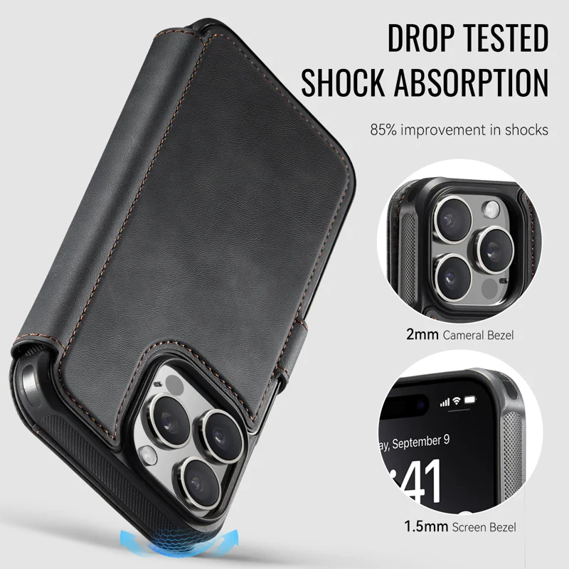 AUTSPACE for iPhone 15 Pro Max A15 Case RFID Blocking Wallet Leather Magnetic Phone Cover - Black - 3