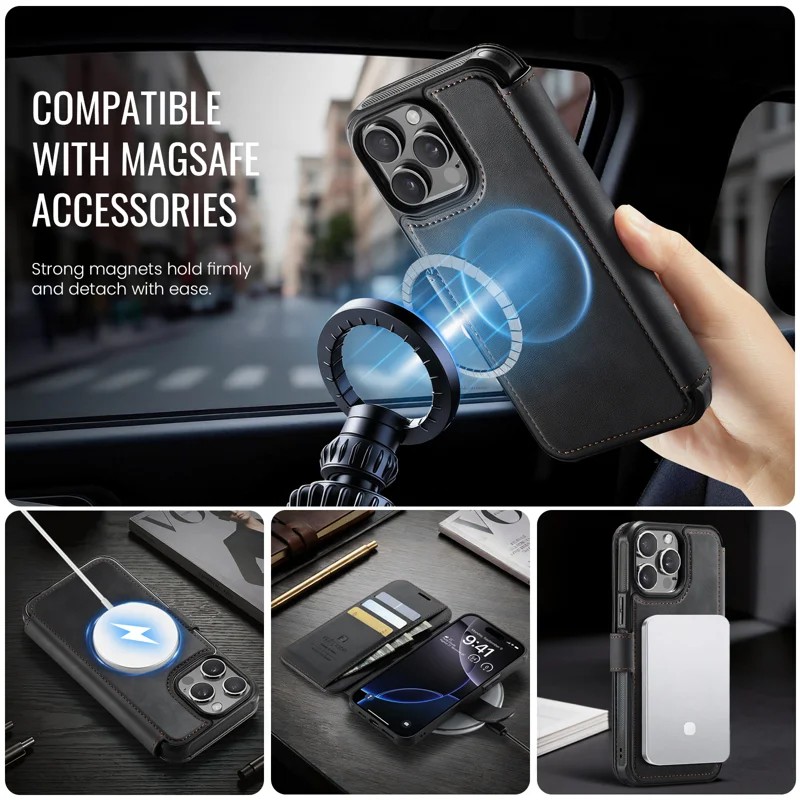 AUTSPACE for iPhone 15 Pro Max A15 Case RFID Blocking Wallet Leather Magnetic Phone Cover - Black - 6